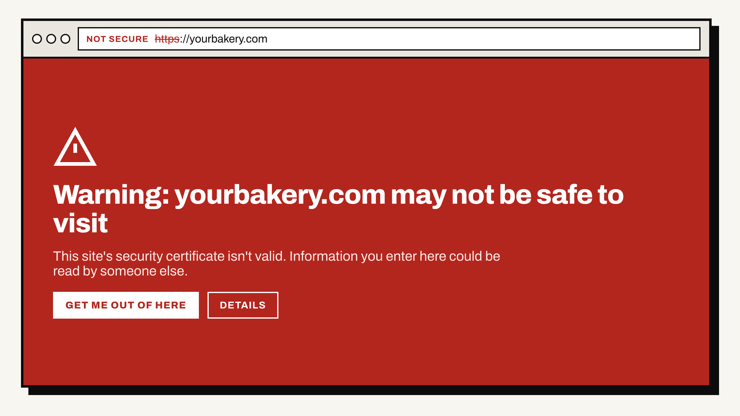 A browser warning shown to every visitor when a website SSL certificate expires, saying the site may not be safe to visit