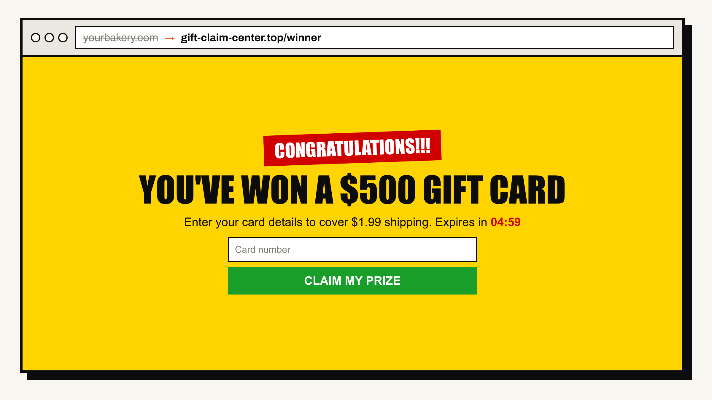 A hacked small business website redirecting a customer from the shop to a fake $500 gift card scam page