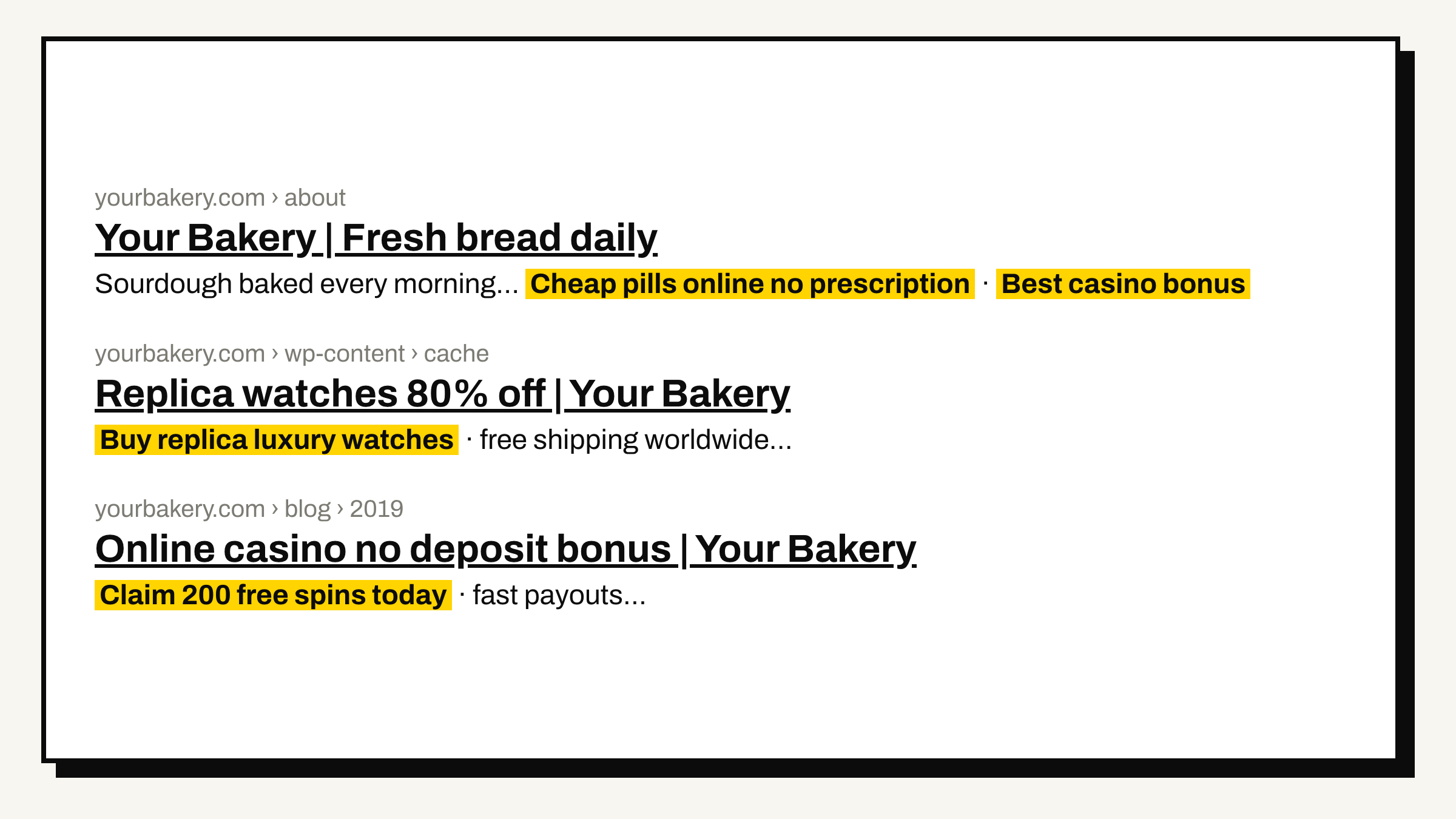 A search result for a small bakery website showing hidden spam links for pills, casinos and replica watches injected by hackers